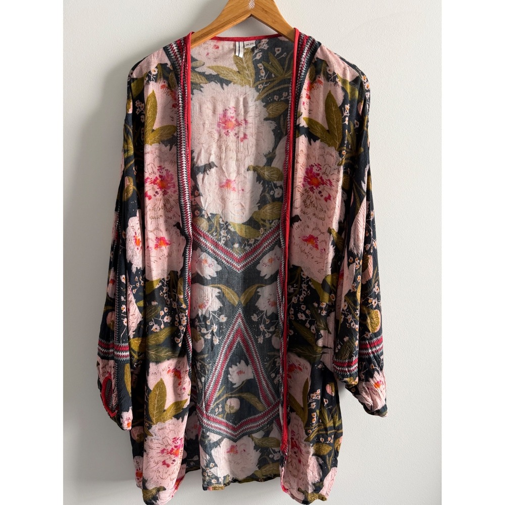 Boho Floral‎ Kimono Cardigan Open Front Pink Peony Print One Size